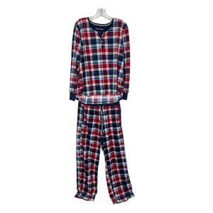 Nautica Womens 2 pc Pajama Top Pants Red Blue Flannel Size Medium